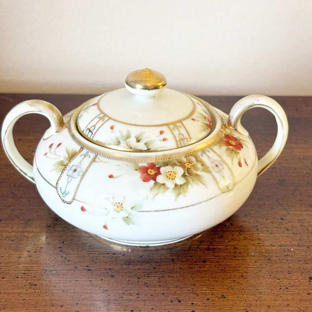 Antique Nippon Japan Handpainted Porcelain Floral Gold Sugar Bowl & Lid